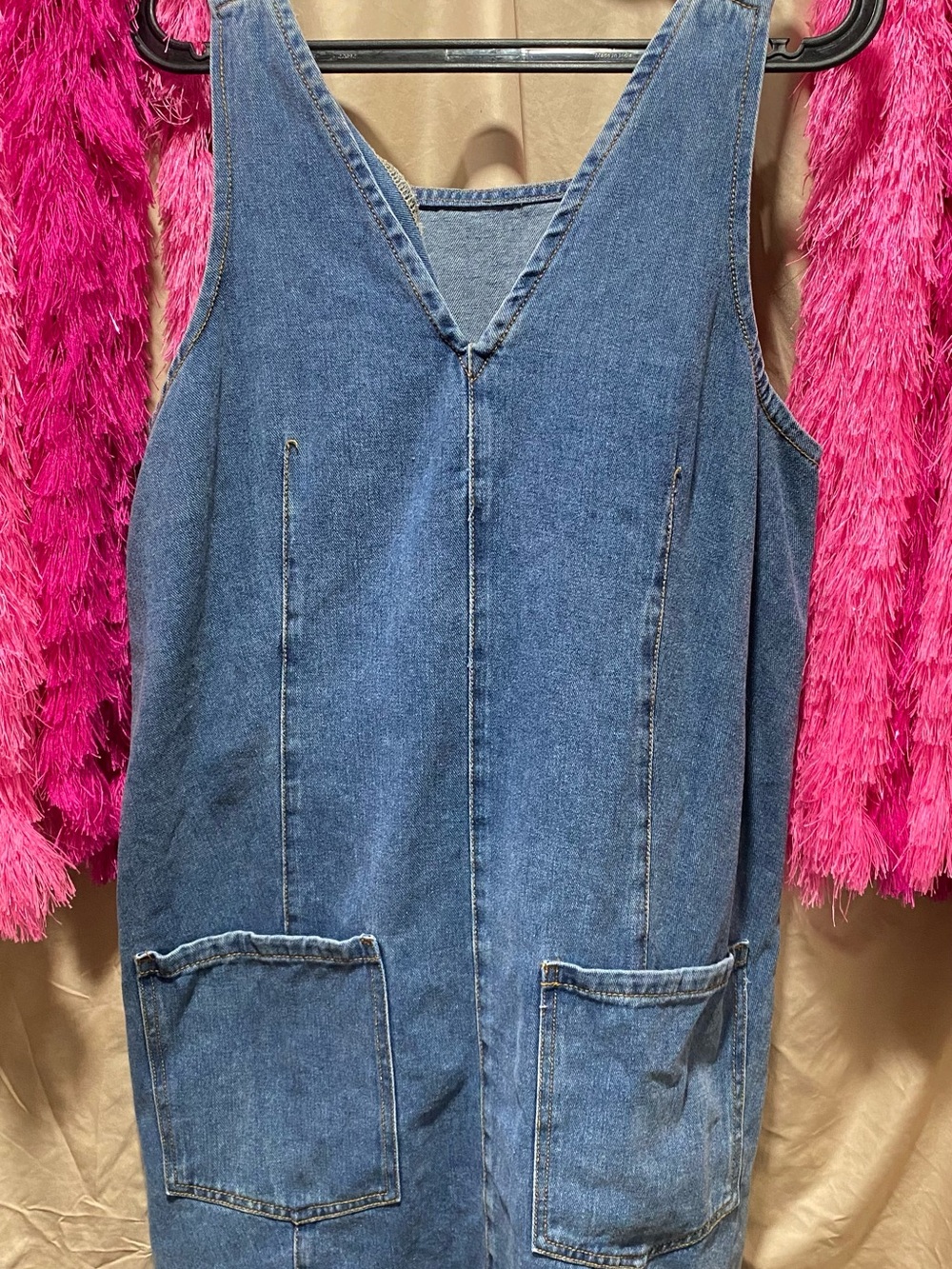 Denim V-Neck Pinafore Dress with Front Pockets
